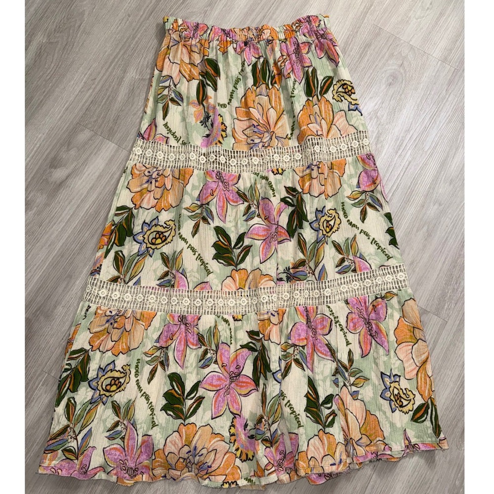 Z&L Europe Women Tropical Floral Crochet Lace Tiered Maxi Skirt Green Orange L